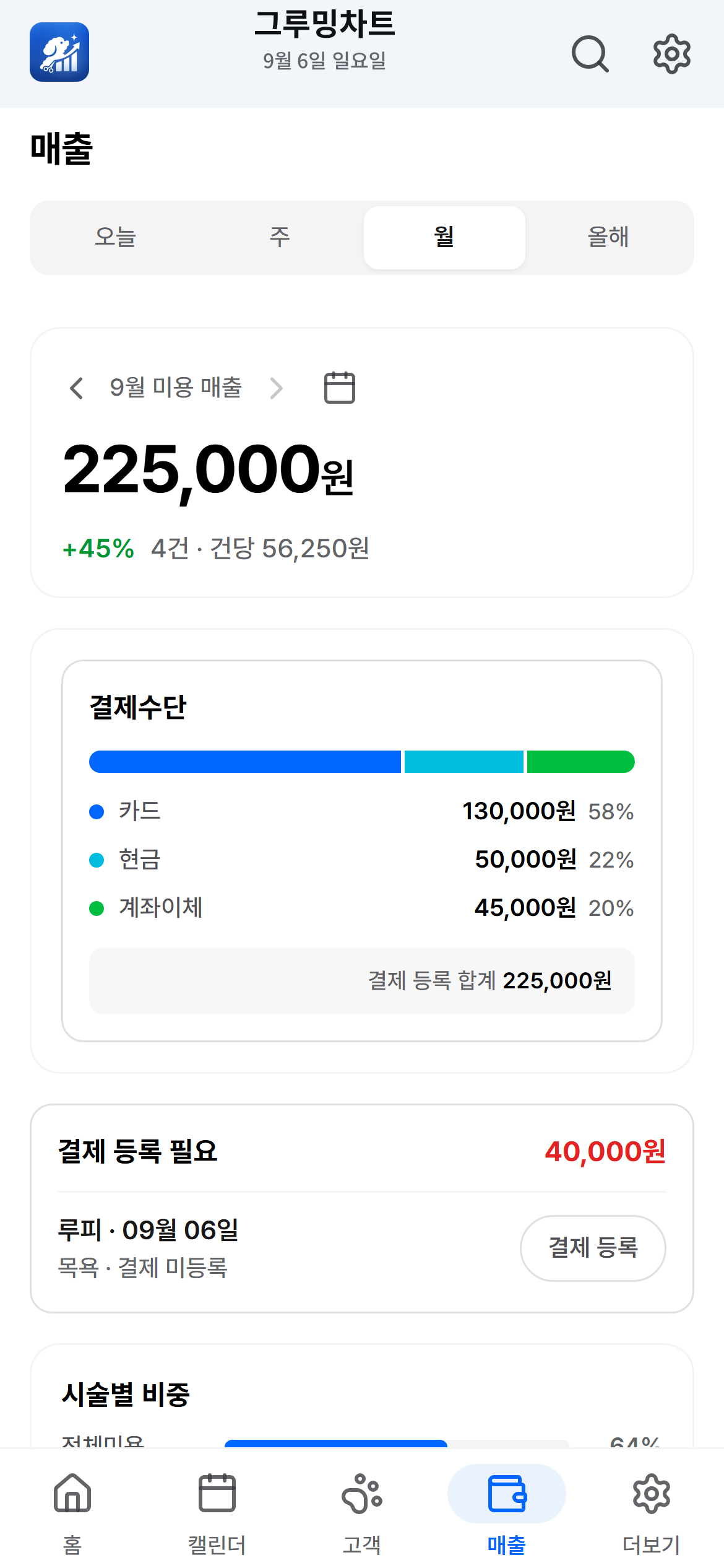 결제수단과 시술별 매출 통계